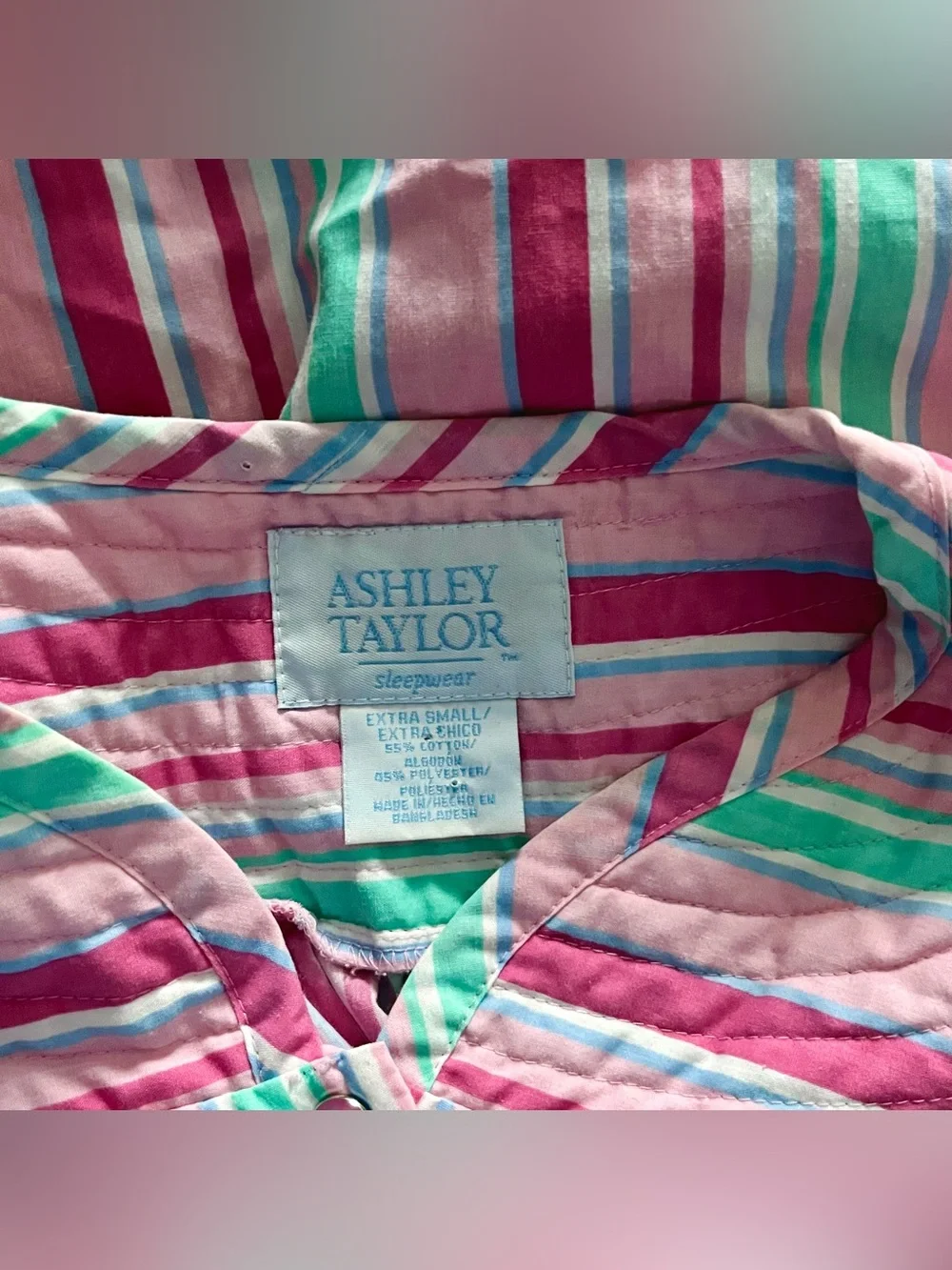 Vintage Ashley Taylor Pink & Green Striped Quilted Housecoat Dress Nightgown XS
